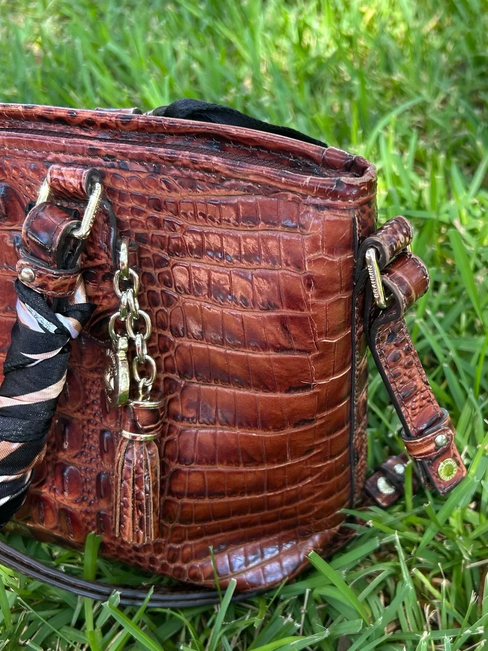 Brahmin Croc-Embossed Leather Shoulder Bag - Cognac Brown